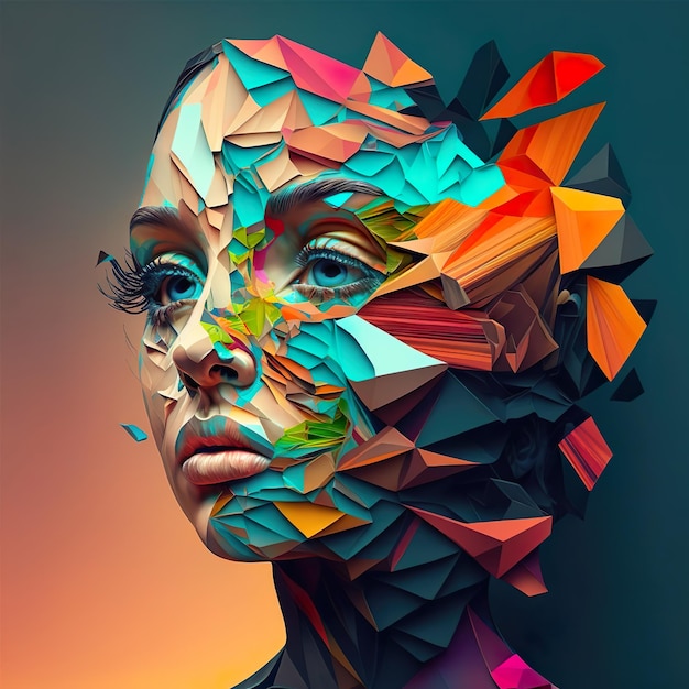 Foto el rostro de una mujer se compone de formas geométricas, cubismo de fractalismo colorido cyberpunk.