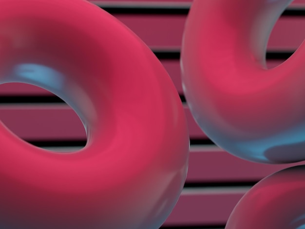 Foto rosquinhas rosa em um fundo de prancha rosa com listras pretas. renderização 3d. ilustração 3d