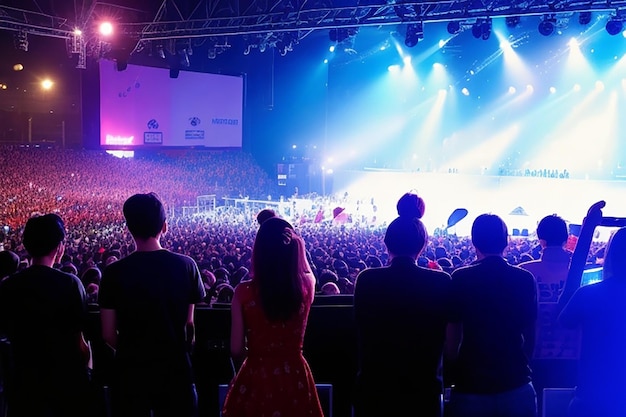 Foto rückblick auf das aufgeregte publikum mit erhobenen armen, das vor der bühne beim musikkonzert jubelt.
