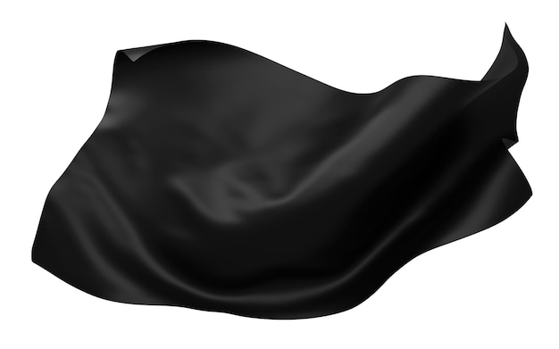 Foto schwarzer stoff, der im wind fliegt, isoliert auf weißem hintergrund 3d-render