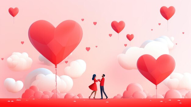 Foto schönes junges paar, das sich umarmt, küsst und den valentinstag mit luftballons in form von