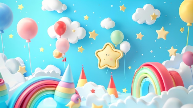 Foto saludo de cumpleaños con globos y un fondo de cielo 3d corte de papel señal de saludo felicitaciones