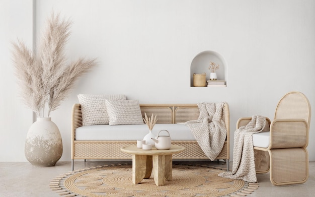 Sala de estar estilo Boho com mesa de sofá de cadeira de vime e pampas no pote no fundo da parede branca