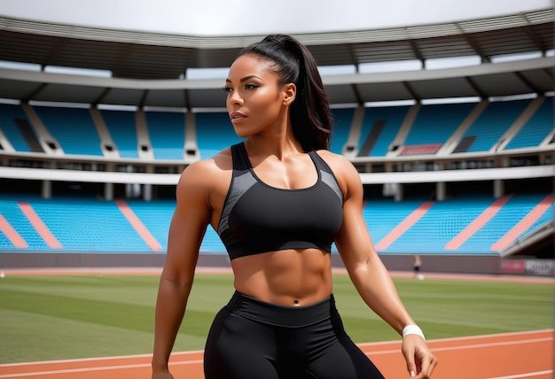 Foto selbstbewusste afroamerikanische sportlerin in sportbekleidung posiert in einem stadion und repräsentiert fitness det