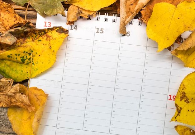 Foto gratuita calendario plano laico con arreglo de hojas doradas