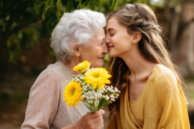 Foto gratuita abuela recibiendo amor y afecto de su nieta