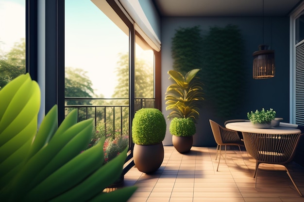 Foto gratuita un balcón con plantas y una mesa con sillas y un gran ventanal.