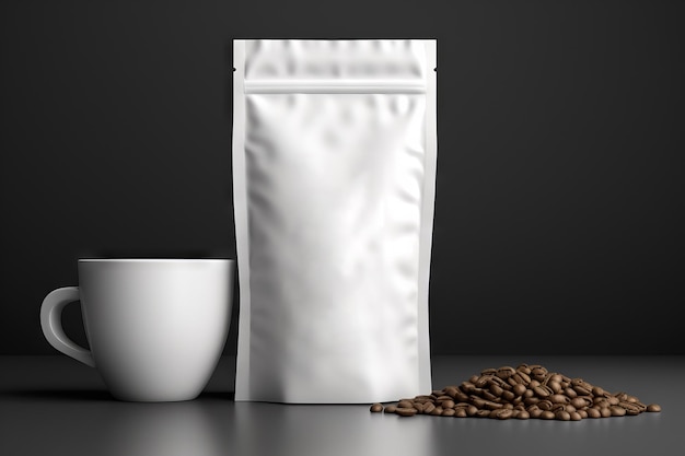 Foto gratuita imagen de una bolsa de café hermética blanca con taza sobre un fondo oscuro