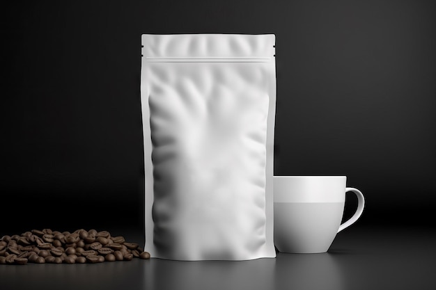 Foto gratuita imagen de una bolsa de café de metal con una taza blanca sobre un fondo oscuro