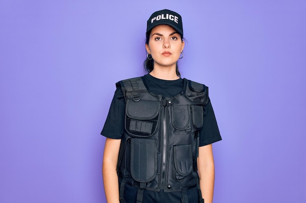 Foto gratuita joven policía con uniforme de chaleco antibalas de seguridad sobre fondo morado relajada con expresión seria en la cara mirada simple y natural a la cámara