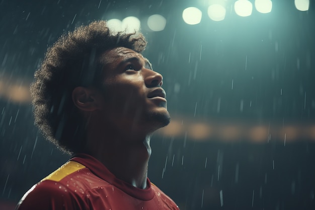 Foto gratuita jugador de fútbol masculino en el campo durante la lluvia