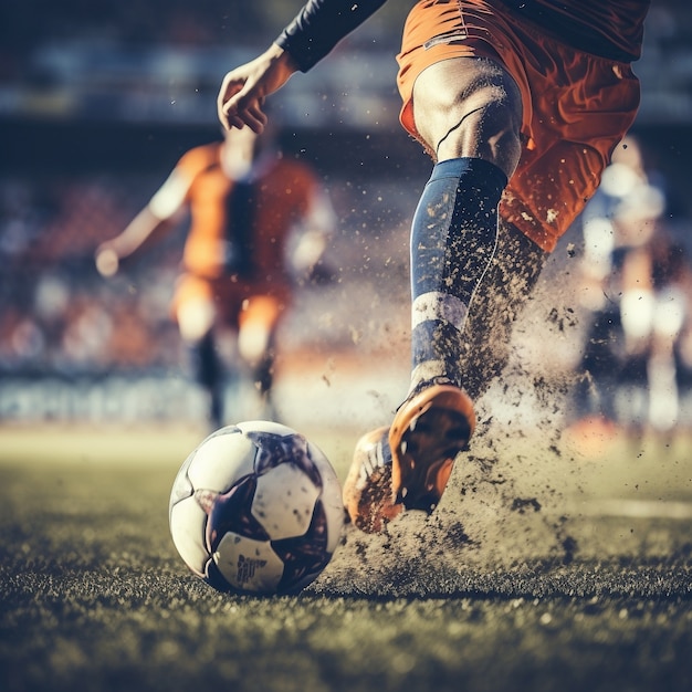 Jugador de fútbol masculino con pelota en el campo de hierba