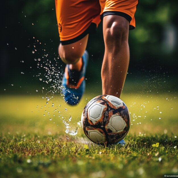 Jugador de fútbol masculino con pelota en el campo de hierba