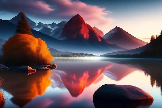 Foto gratuita un lago de montaña con una puesta de sol y una montaña al fondo