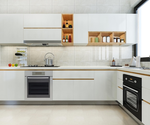 Foto gratuita mostrador de cocina moderno de renderizado 3d con diseño blanco y beige