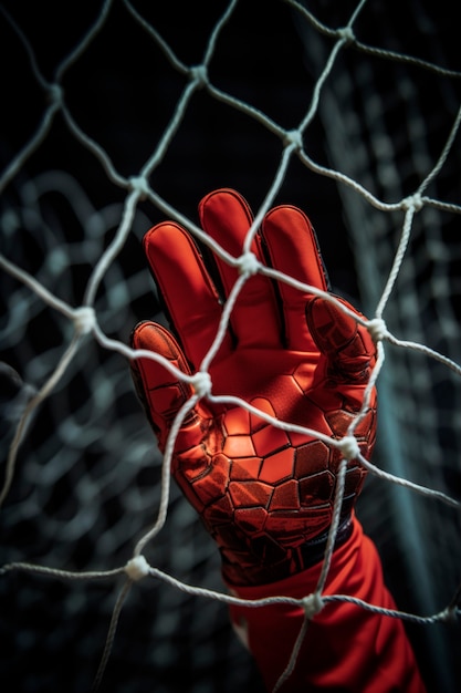 Foto gratuita mano del portero del juego de fútbol con guante en la valla