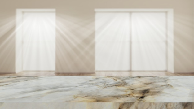 Foto gratuita mesa de mármol 3d contra el interior de una habitación desenfocada.