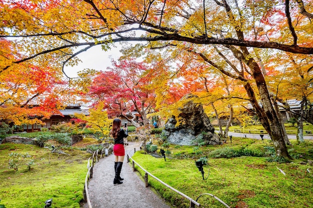 Foto gratuita mujer joven toma una foto en el parque de otoño. hojas de colores en otoño, kyoto en japón.