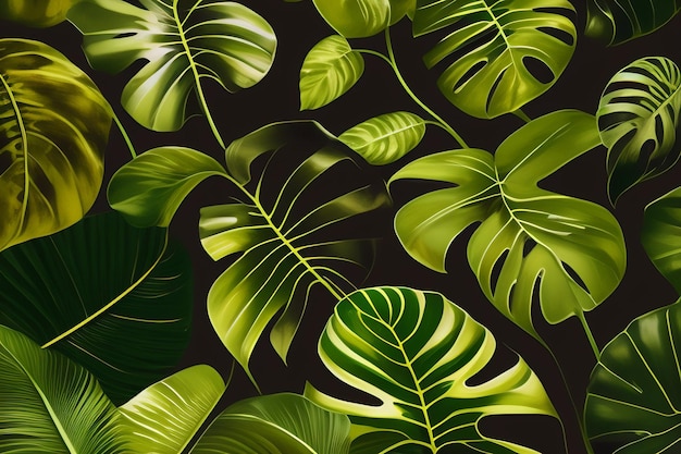 Foto gratuita un patrón sin fisuras con hojas tropicales sobre un fondo oscuro