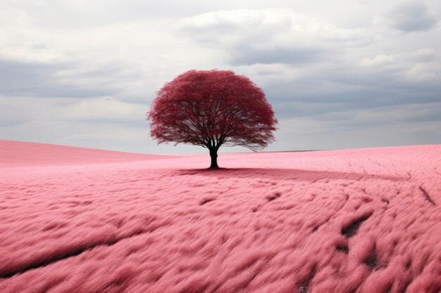 Paisaje de naturaleza rosa con vista al árbol y al campo.
