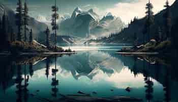 Foto gratuita una pintura de un lago de montaña con una montaña al fondo.