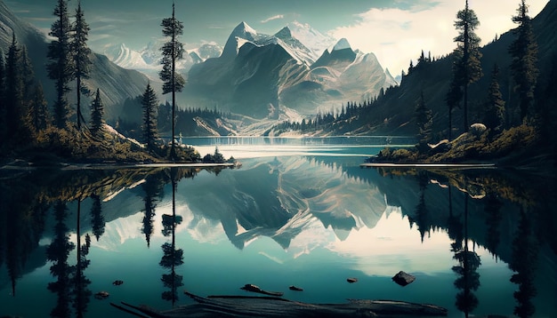 Foto gratuita una pintura de un lago de montaña con una montaña al fondo.