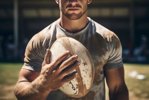 Primer plano de un atleta jugando al rugby