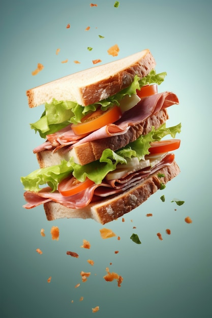 Foto gratuita publicidad de alimentos con sándwiches flotantes