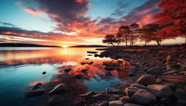 Foto gratuita la tranquila puesta de sol se refleja en el agua la belleza de la naturaleza en el crepúsculo generada por la inteligencia artificial