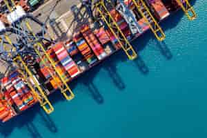 Foto gratuita vista aérea del buque de carga y del contenedor de carga en el puerto