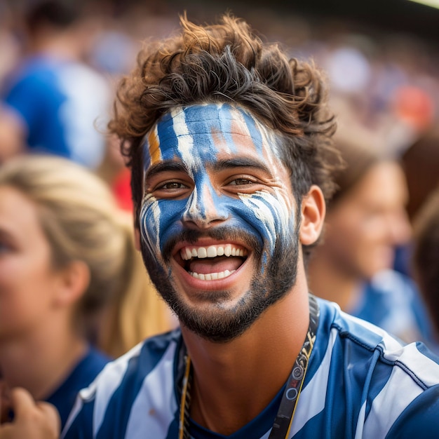 Foto gratuita vista de un fanático del fútbol extasiado con la cara pintada disfrutando del partido