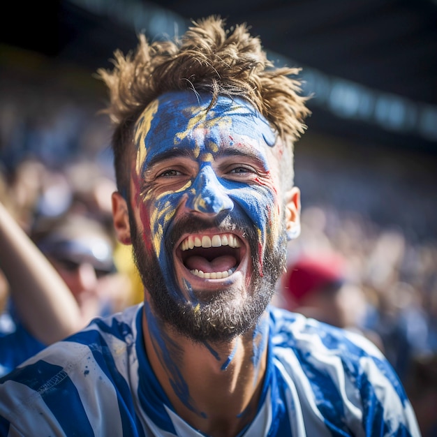 Foto gratuita vista de un fanático del fútbol extasiado con la cara pintada disfrutando del partido