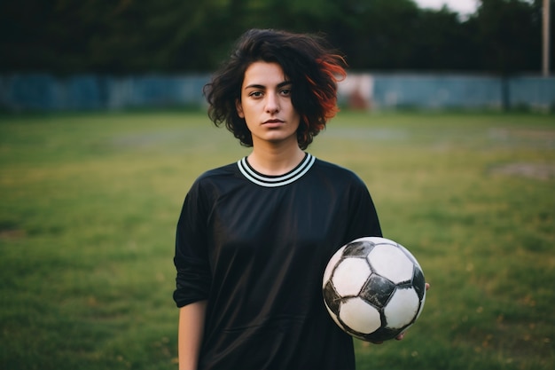 Vista de la jugadora de fútbol sosteniendo la pelota