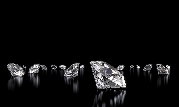 Diamanti taglio classico su sfondo nero. rendering 3d