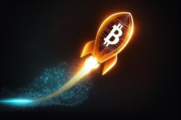 Il lanciarazzi nel logo Bitcoin rappresenta il prezzo delle criptovalute che sale verso l'intelligenza artificiale generativa della luna