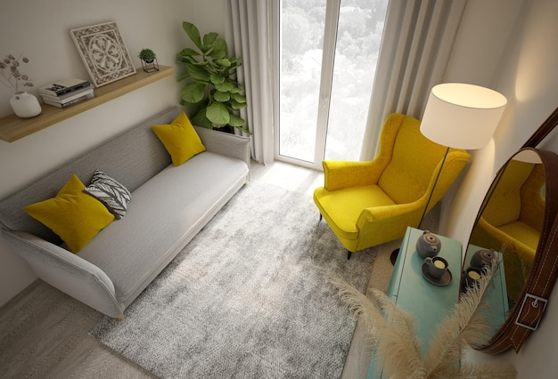 Rendering 3D degli interni del soggiorno moderno