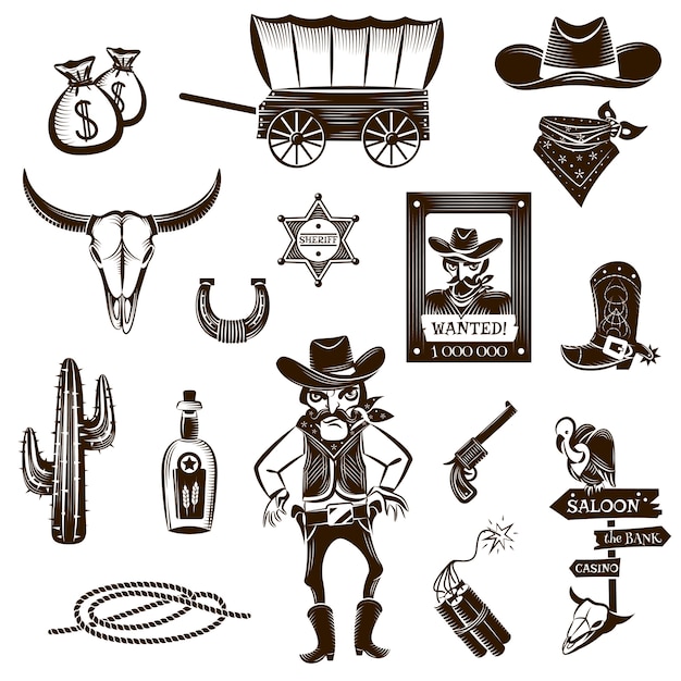 Cowboy Black White Icons Set 
