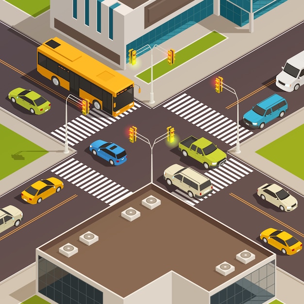 Free vector colored and isolated city isometric composition with road and crosswalk at the city center vector illustration
