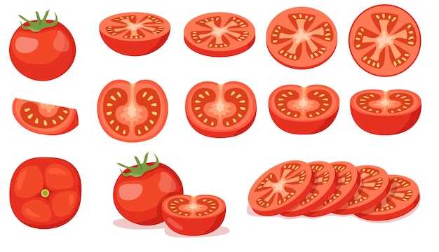 Красочный набор отрезанных и полных красных помидоров. Иллюстрации шаржа