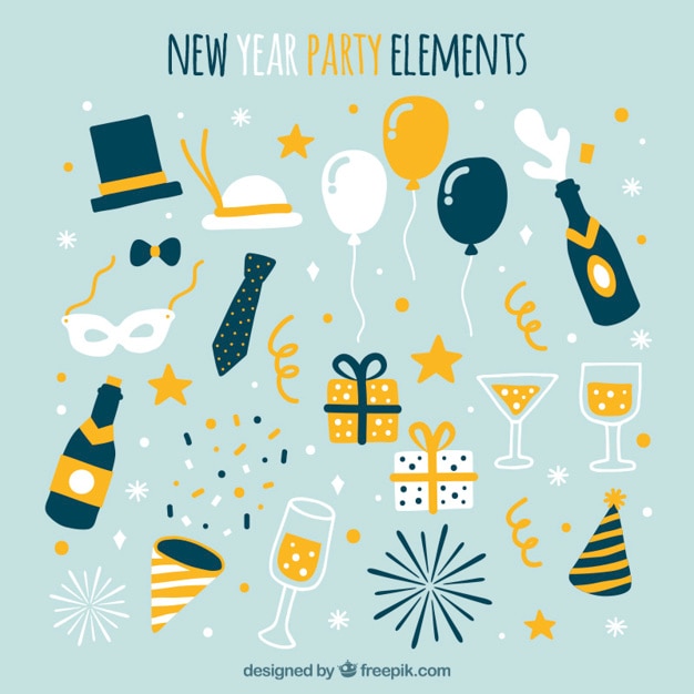 Free vector collection of hand-drawn party elements for new year