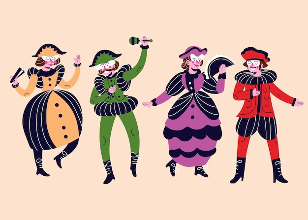 Бесплатное векторное изображение Коллекция персонажей в итальянских карнавальных костюмах