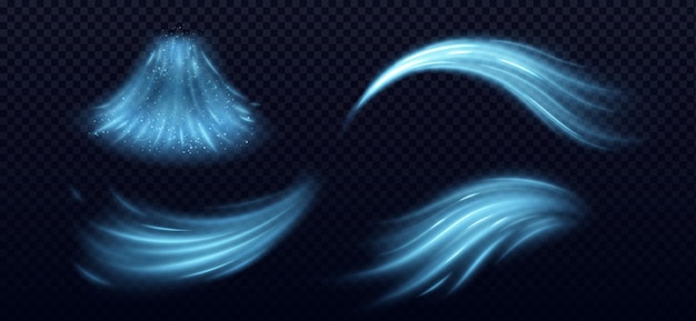 Free vector cool air waves with wind flow effect realistic vector illustration set of blue jets of clear cold airstream with particles breath of breeze air with sparkles for purification or conditioner concept