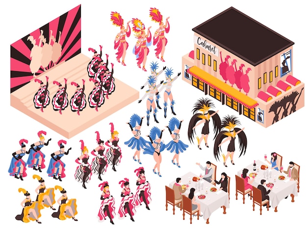 Бесплатное векторное изображение Изометрический набор кабаре со зданием ночного ресторана и различными фрагментами канкан-шоу для взрослых, изолированные векторные иллюстрации
