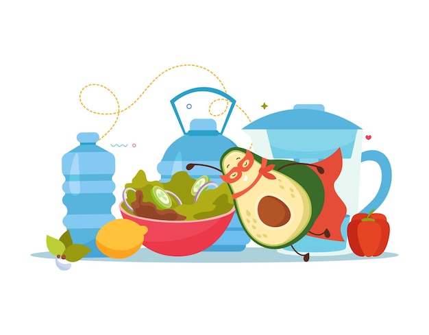 Бесплатное векторное изображение Мультфильм авокадо плоская фоновая композиция с фруктовым персонажем, ныряющим в блюдо с зеленью с векторной иллюстрацией бутылок с водой