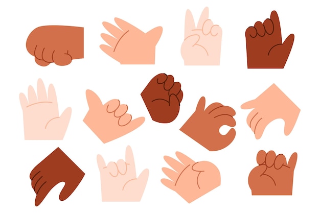 Бесплатное векторное изображение Коллекция мультяшных жестов рук с разными оттенками кожи