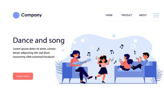 Children having fun at music class. Website template or landing page