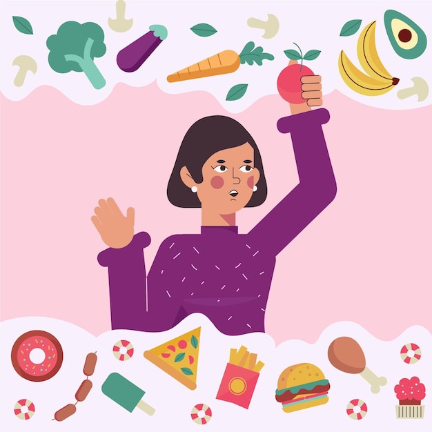 Бесплатное векторное изображение Выбор между здоровой или нездоровой пищей