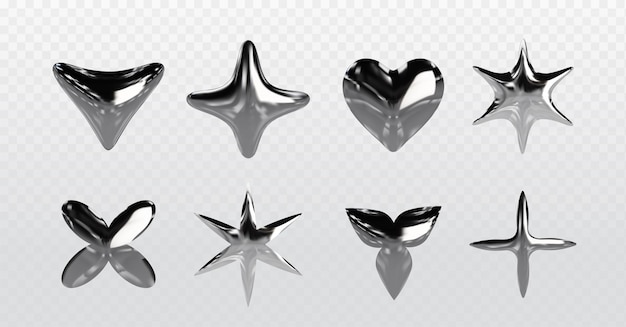 Free vector chrome y2k abstract shapes 3d realistic vector illustration set of silver inflatable forms of heart star and liquid metal graphic design elements made of steel or platinum with reflections
