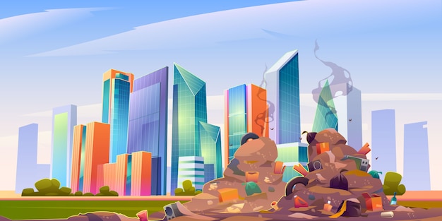 Free vector city dump with pile of garbage, dirty junkyard