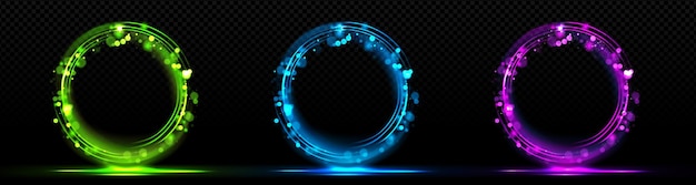 Free vector circle bokeh light effect with sparkle glow frame round glitter flare and neon bright swirl line isolated energy lens element blue green and purple wave trail shiny overlay digital template